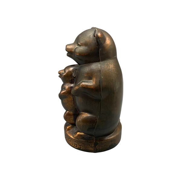 Three Little Pigs Cast Metal Piggy Bank Coin Worn Copper Tone Finish Key USA - Picture 2 of 7